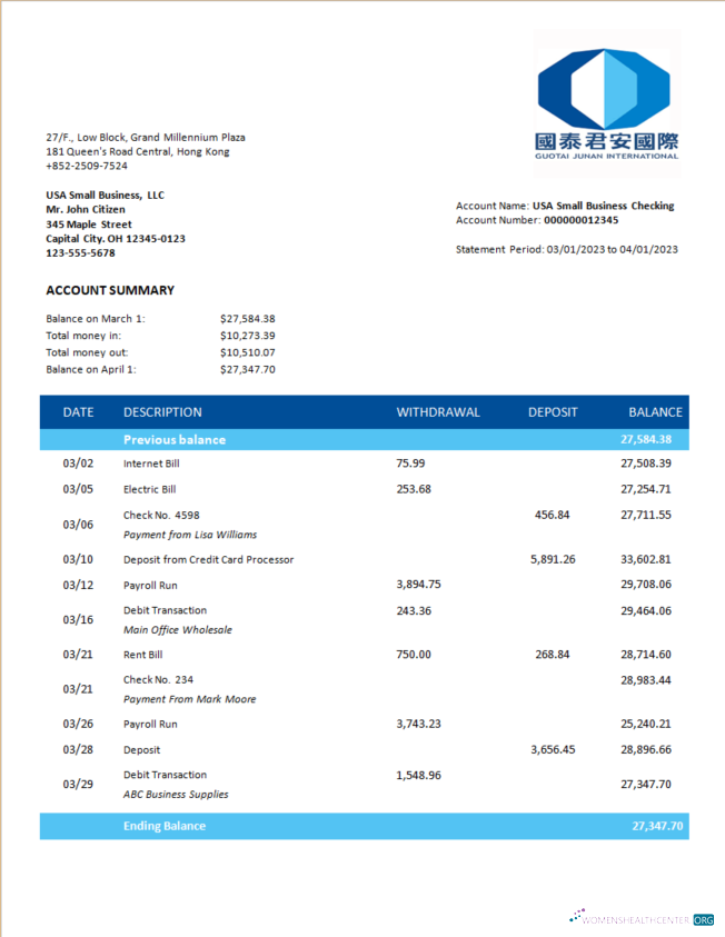 Guotai Junan Securities bank corporate checking account statement Word and PDF template